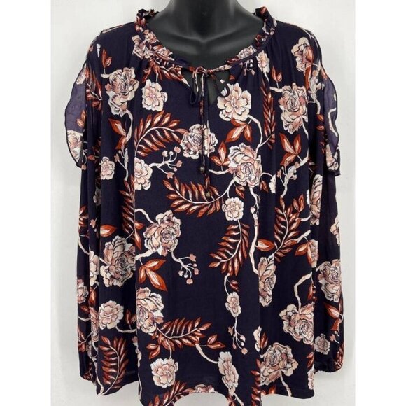 Style & Co Floral Blouse Long Sleeve Blue Pink Red Cold Shoulder Large NWOT - Picture 1 of 8